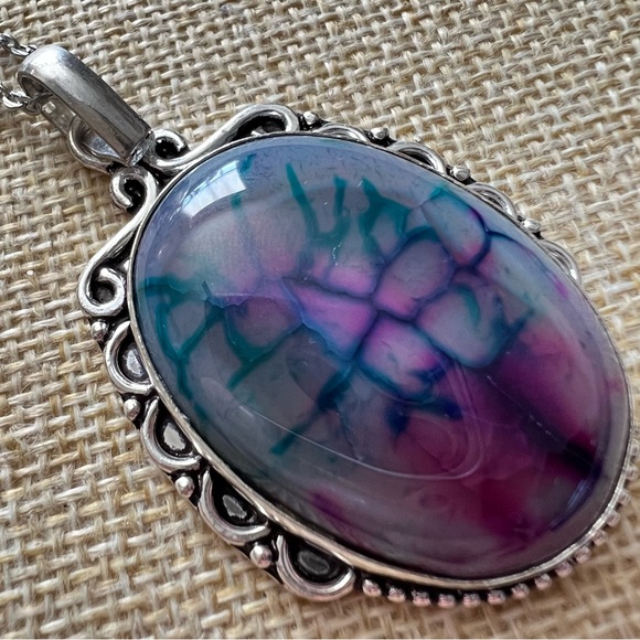 New Dragon Veined Agate Stone Silver Overlay Pendant Necklace - Picture 2 of 5